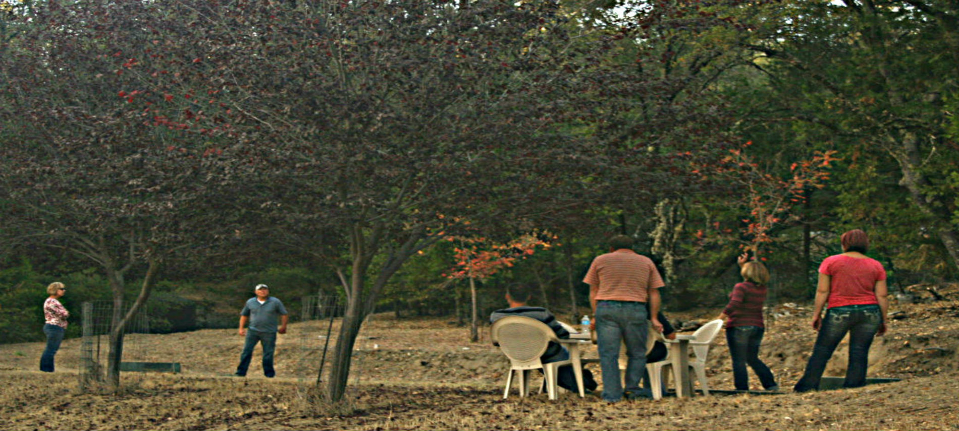 A group of people in an orchard, some sitting at a white table and chairs.