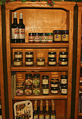 Oak wood Shelves with packaged food products on the shelves